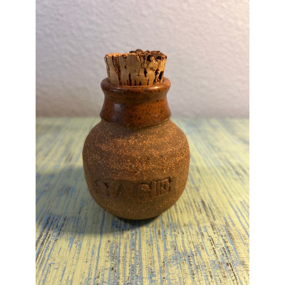 VINTAGE SAGE Rustic Earthenware Herbs Spice Jars Pots Cork Kitchen FARMHOUSE